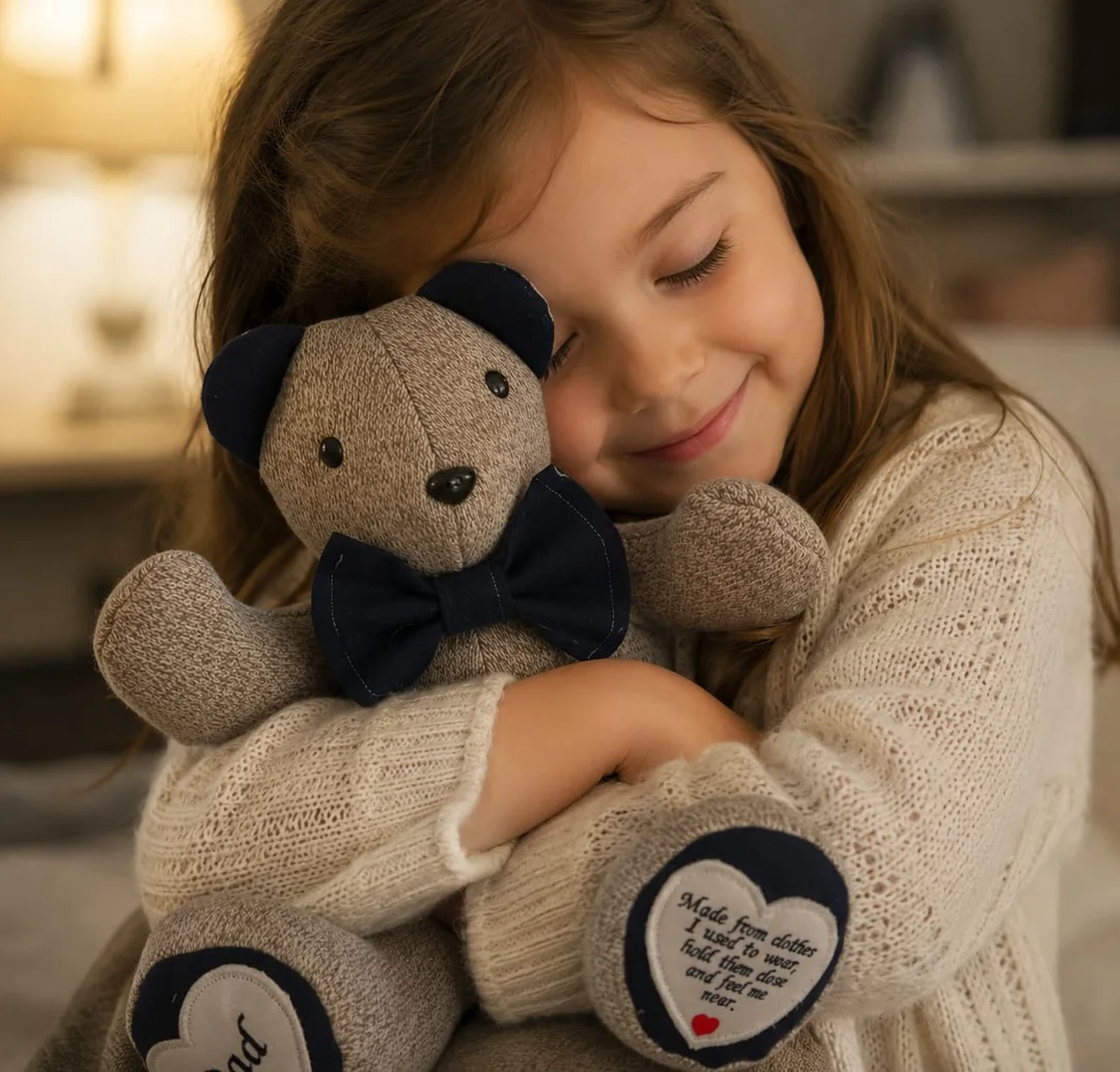 Child gently hugging a beige knitted memory bear with a navy bow tie and embroidered heart-shaped feet