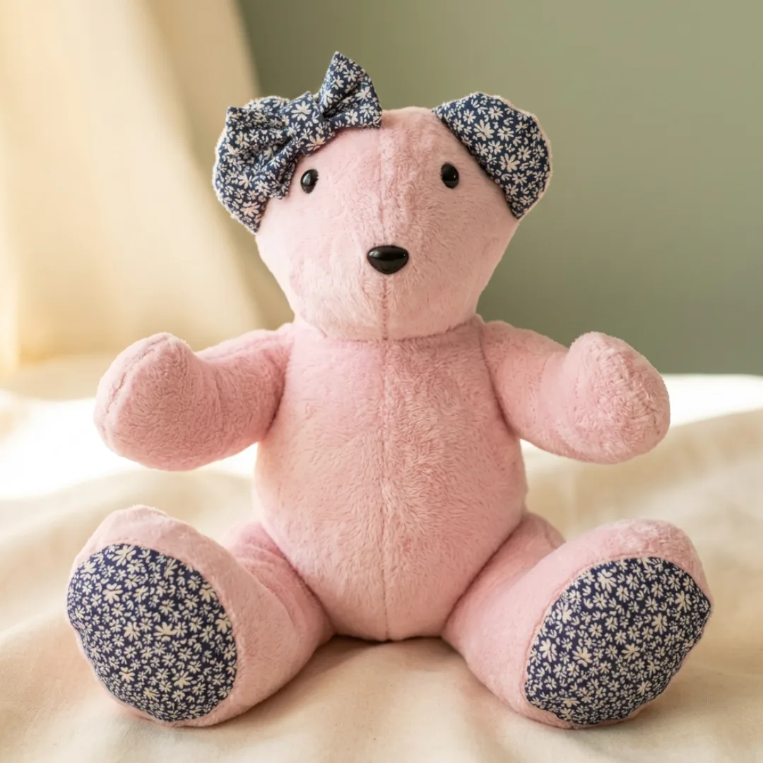 Pink ashes bear with navy floral ears, paw pads and a floral head bow, sitting on soft cream fabric