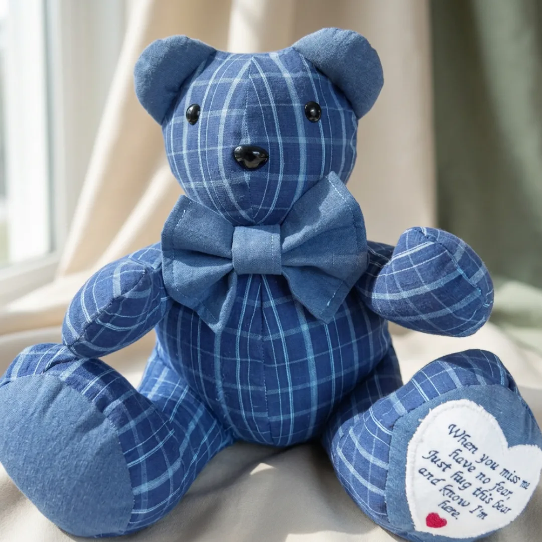 Voice box memory bear made from a blue checked shirt with a denim dicky bow and an embroidered heart poem